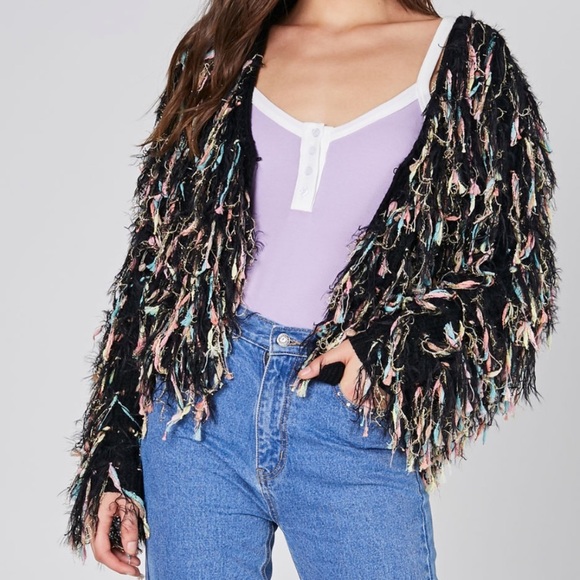 BLUE BLUSH Crochet Shaggy Fringe Multicolored Sweater Size Medium - Picture 9 of 14